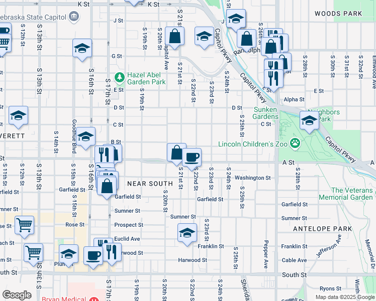 map of restaurants, bars, coffee shops, grocery stores, and more near 2115 B Street in Lincoln