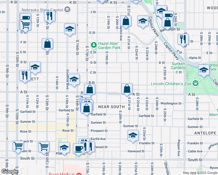 map of restaurants, bars, coffee shops, grocery stores, and more near 1933 B Street in Lincoln