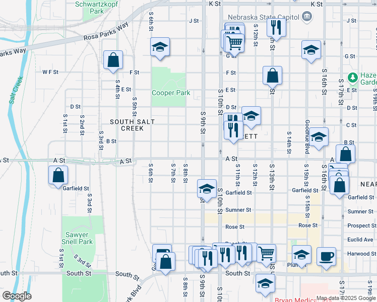 map of restaurants, bars, coffee shops, grocery stores, and more near 823 B Street in Lincoln