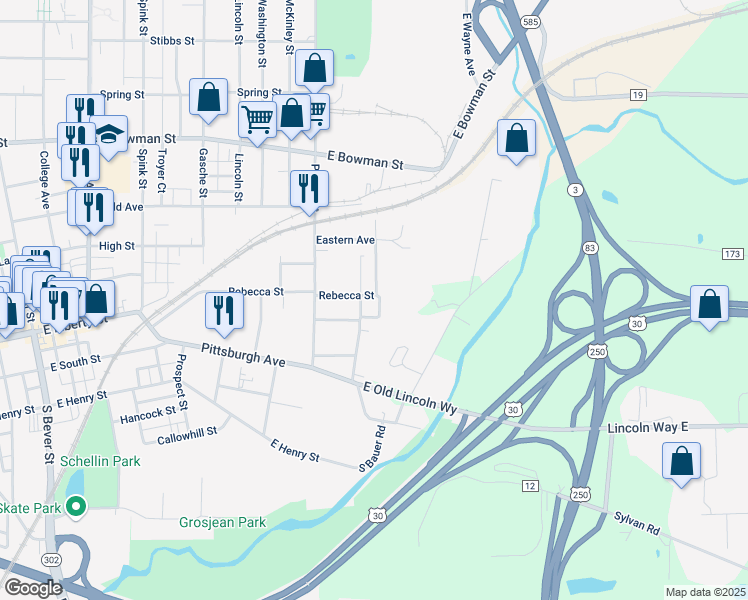 map of restaurants, bars, coffee shops, grocery stores, and more near 1183 Rebecca Street in Wooster
