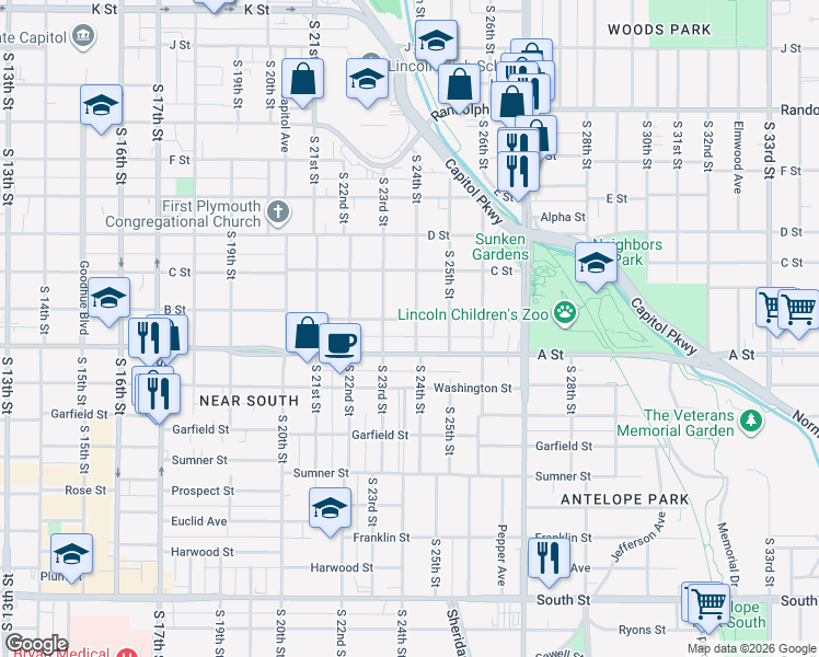 map of restaurants, bars, coffee shops, grocery stores, and more near 2343 B Street in Lincoln