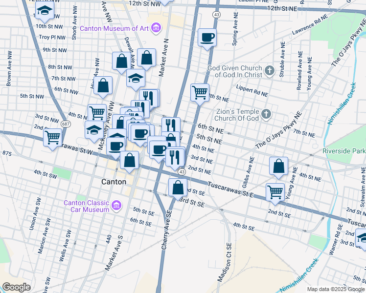map of restaurants, bars, coffee shops, grocery stores, and more near 409 Cherry Avenue Southeast in Canton