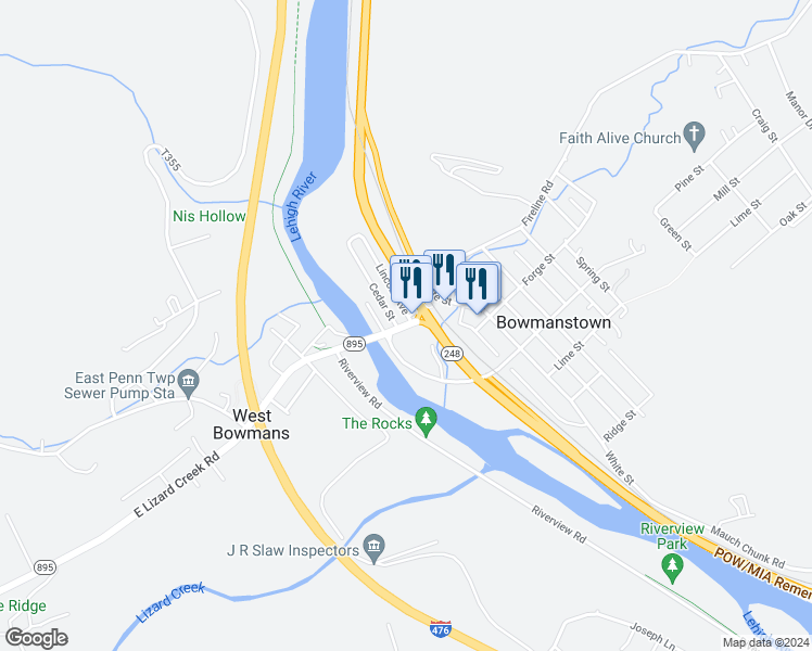 map of restaurants, bars, coffee shops, grocery stores, and more near 360 Lehigh Street in Palmerton