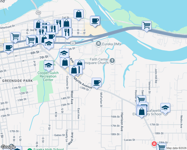 map of restaurants, bars, coffee shops, grocery stores, and more near 943 Dowler Drive in Eureka