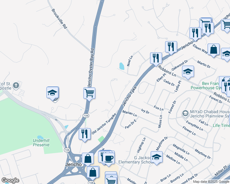 map of restaurants, bars, coffee shops, grocery stores, and more near 66 Karol Place in Jericho