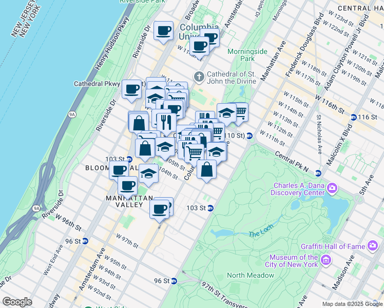 map of restaurants, bars, coffee shops, grocery stores, and more near 107 West 106th Street in New York
