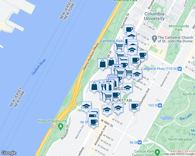 map of restaurants, bars, coffee shops, grocery stores, and more near Riverside Dr & W 102nd St in New York