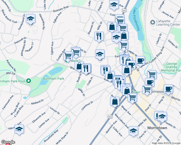 map of restaurants, bars, coffee shops, grocery stores, and more near 131 Washington Street in Morristown