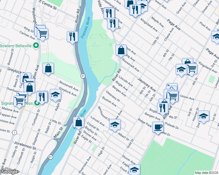 map of restaurants, bars, coffee shops, grocery stores, and more near 443 River Road in North Arlington