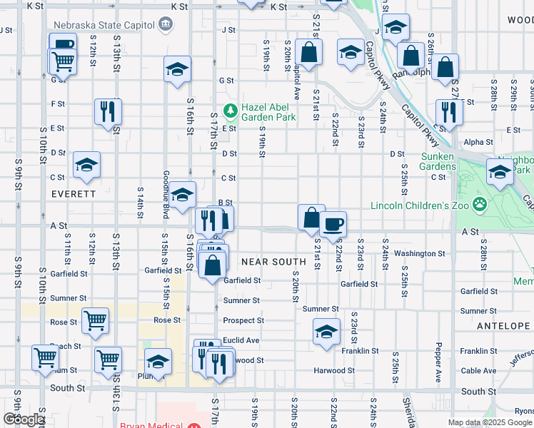 map of restaurants, bars, coffee shops, grocery stores, and more near 1933 B Street in Lincoln