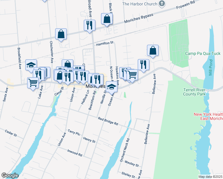 map of restaurants, bars, coffee shops, grocery stores, and more near 214 Montauk Highway in Center Moriches