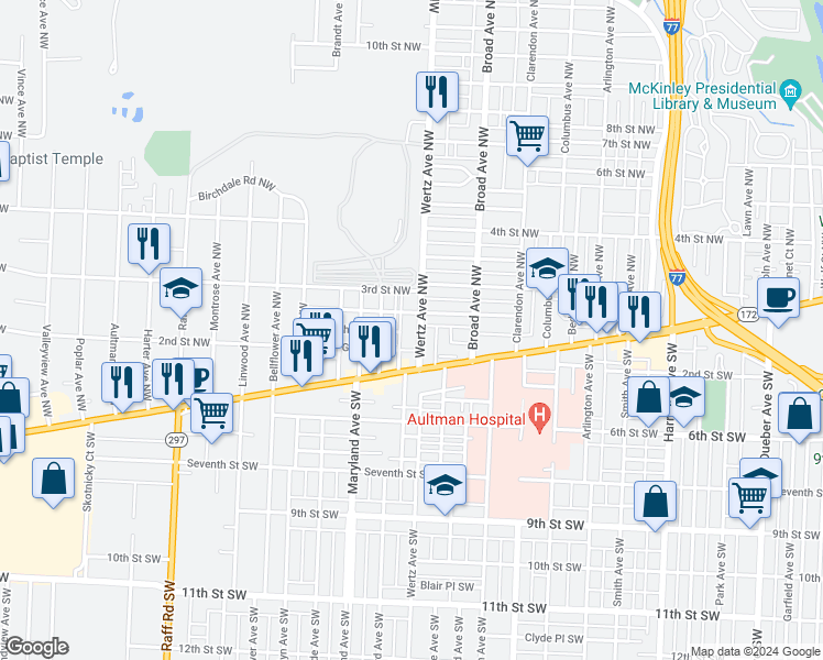 map of restaurants, bars, coffee shops, grocery stores, and more near 189 Wertz Avenue Northwest in Canton