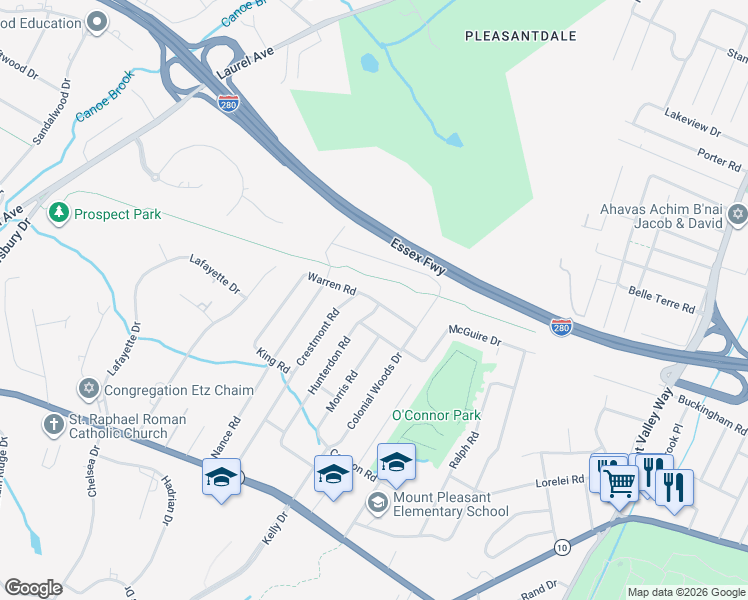 map of restaurants, bars, coffee shops, grocery stores, and more near 90 Warren Road in West Orange