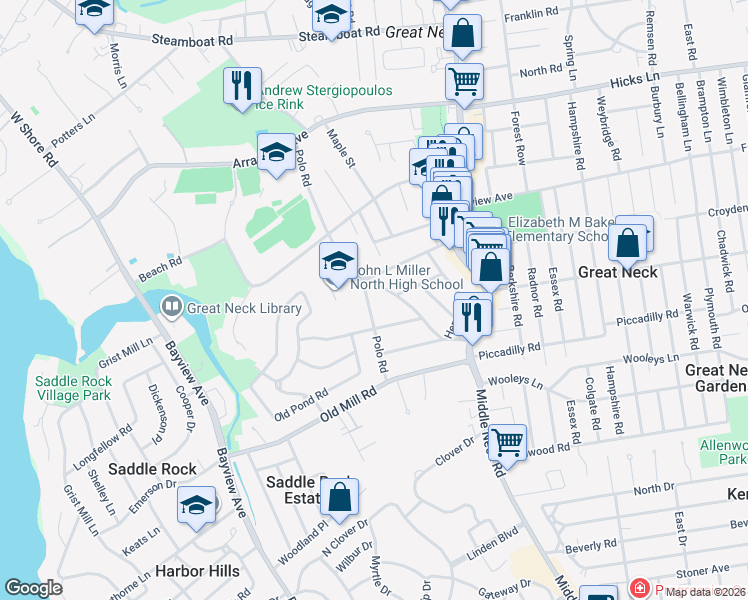 map of restaurants, bars, coffee shops, grocery stores, and more near 32 Nirvana Avenue in Great Neck