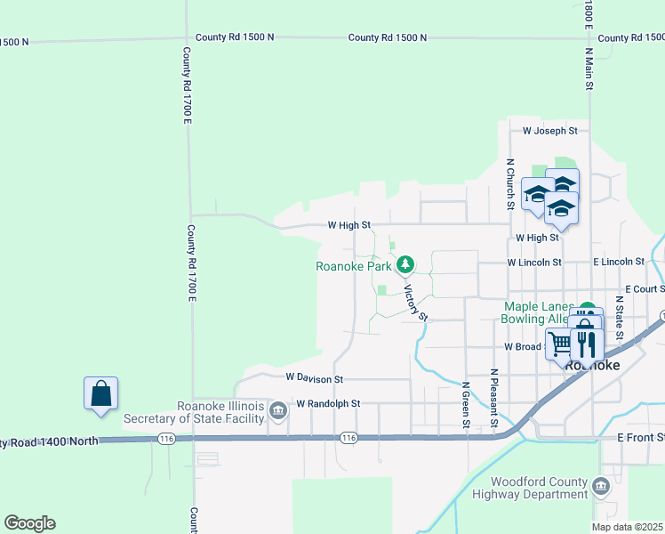 map of restaurants, bars, coffee shops, grocery stores, and more near West Prairie Street in Roanoke