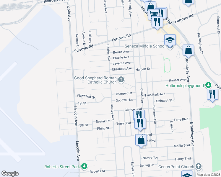 map of restaurants, bars, coffee shops, grocery stores, and more near 341 Shelby Avenue in Holbrook