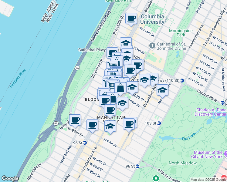 map of restaurants, bars, coffee shops, grocery stores, and more near 243 West 104th Street in New York
