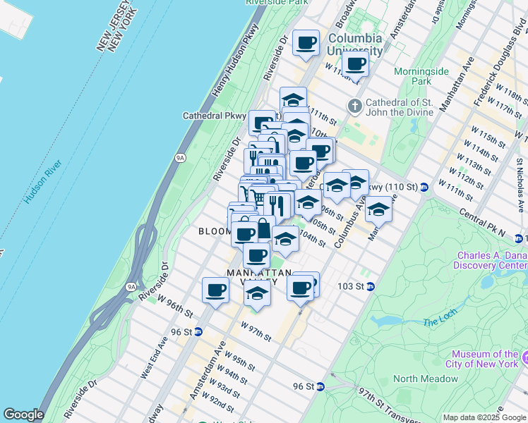 map of restaurants, bars, coffee shops, grocery stores, and more near Broadway & W 104th St in New York