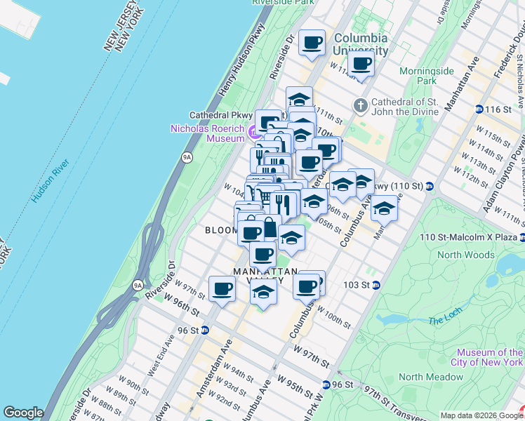 map of restaurants, bars, coffee shops, grocery stores, and more near 2715 Broadway in New York