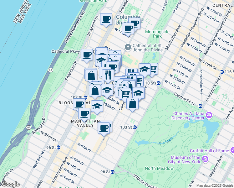 map of restaurants, bars, coffee shops, grocery stores, and more near 122 West 106th Street in New York