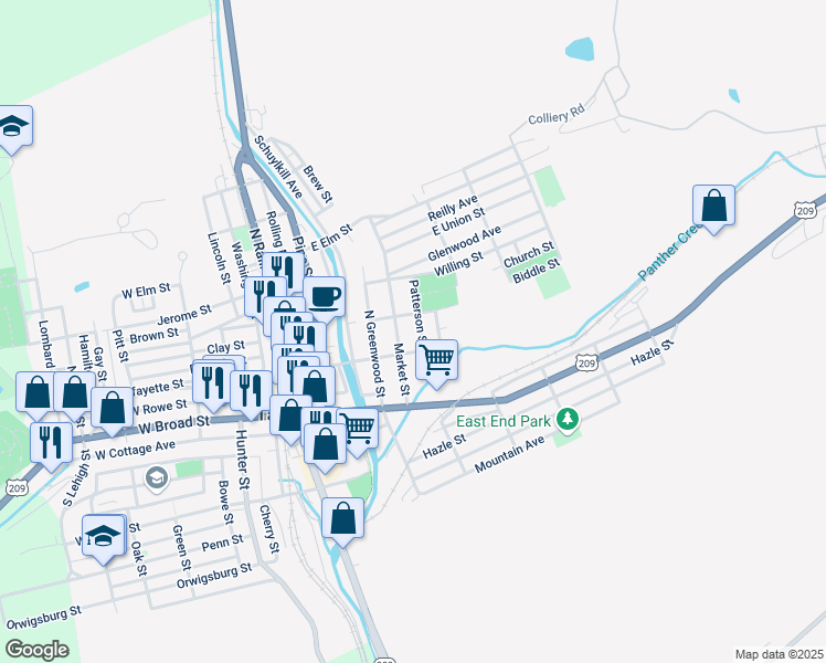 map of restaurants, bars, coffee shops, grocery stores, and more near 120 Patterson Street in Tamaqua