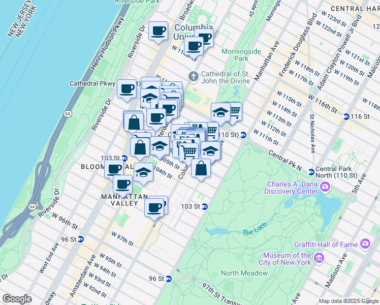 map of restaurants, bars, coffee shops, grocery stores, and more near 115 West 106th Street in New York