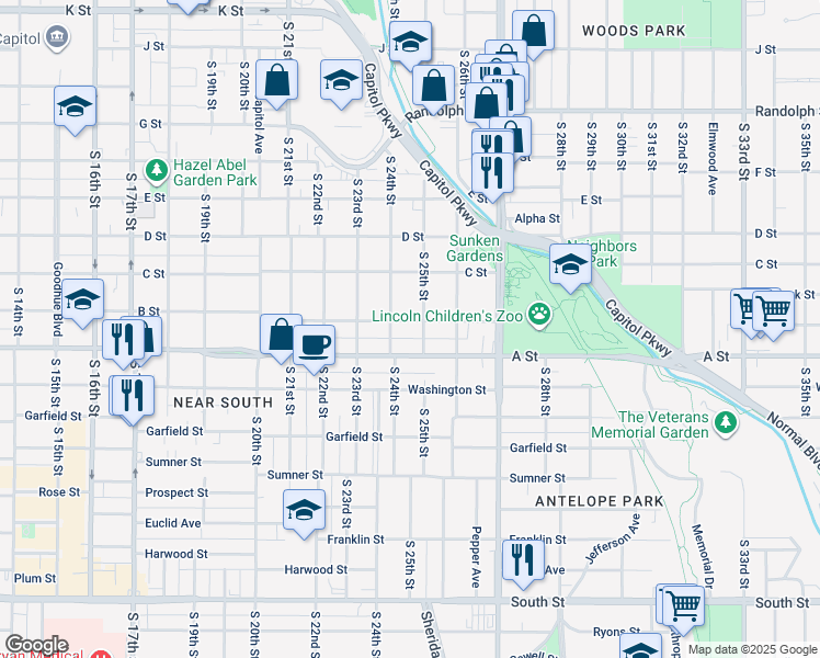 map of restaurants, bars, coffee shops, grocery stores, and more near 2423 B Street in Lincoln