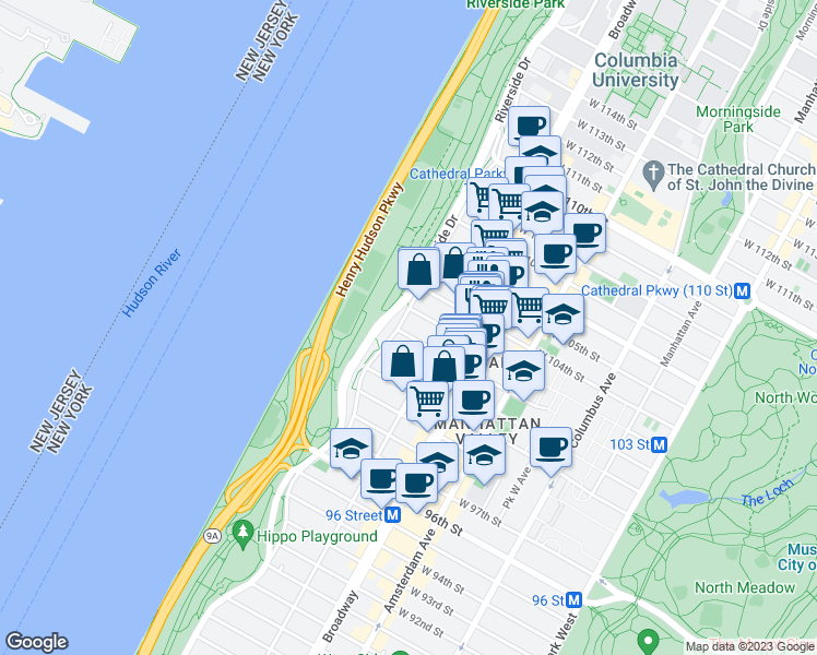map of restaurants, bars, coffee shops, grocery stores, and more near 314 Riverside Drive in New York