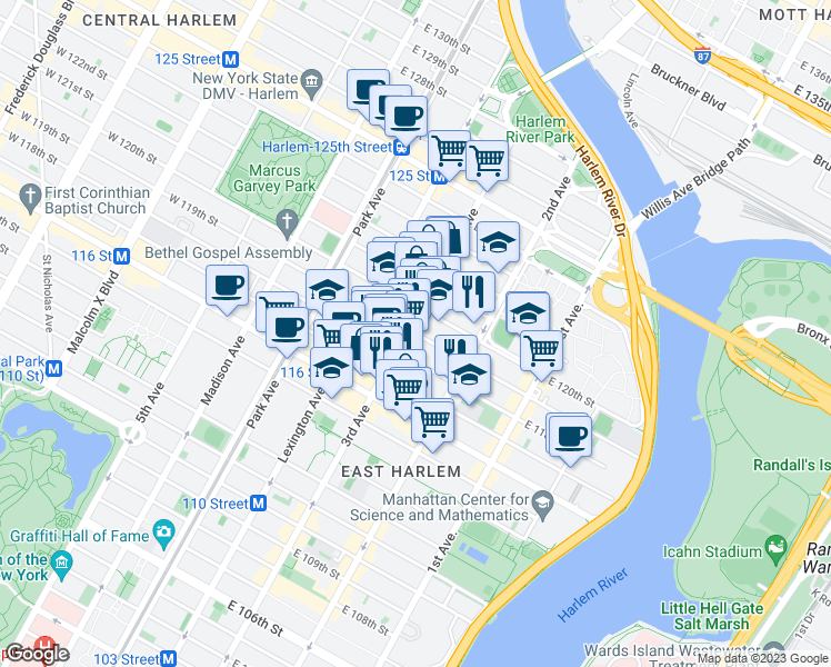 map of restaurants, bars, coffee shops, grocery stores, and more near 2193 3rd Avenue in New York