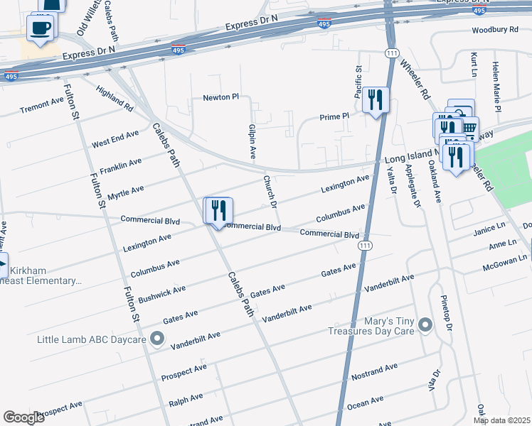 map of restaurants, bars, coffee shops, grocery stores, and more near 74 Lexington Avenue in Central Islip