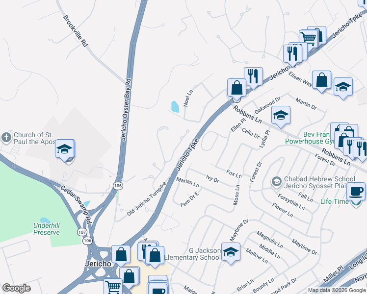 map of restaurants, bars, coffee shops, grocery stores, and more near 11 Kristi Drive in Jericho