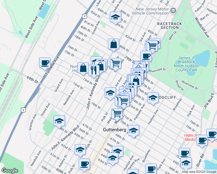 map of restaurants, bars, coffee shops, grocery stores, and more near 806 74th Street in North Bergen