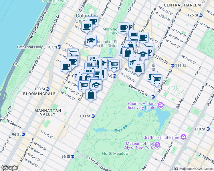 map of restaurants, bars, coffee shops, grocery stores, and more near 3 West 108th Street in New York