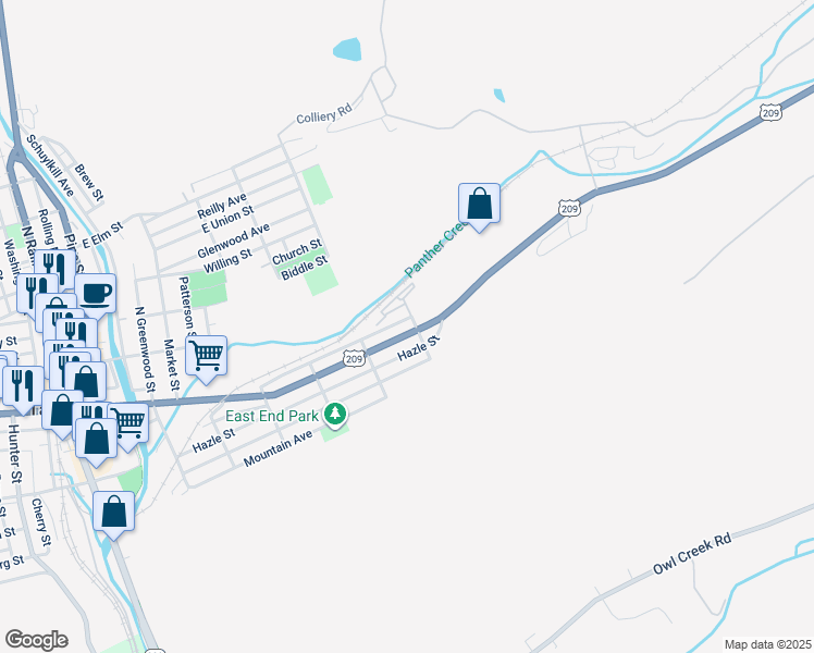 map of restaurants, bars, coffee shops, grocery stores, and more near 801 East Broad Street in Tamaqua
