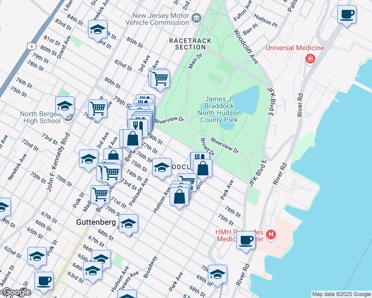 map of restaurants, bars, coffee shops, grocery stores, and more near 325 79th Street in North Bergen