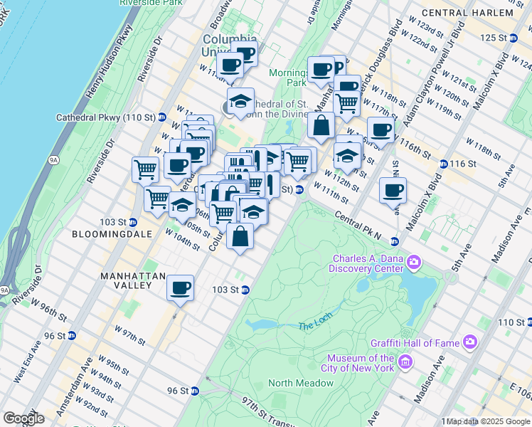 map of restaurants, bars, coffee shops, grocery stores, and more near 18 West 108th Street in New York