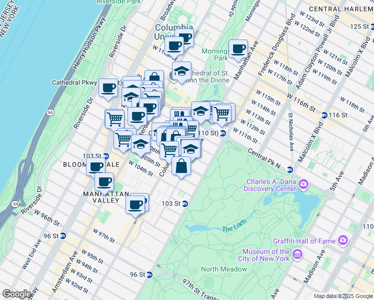 map of restaurants, bars, coffee shops, grocery stores, and more near 63 West 107th Street in New York