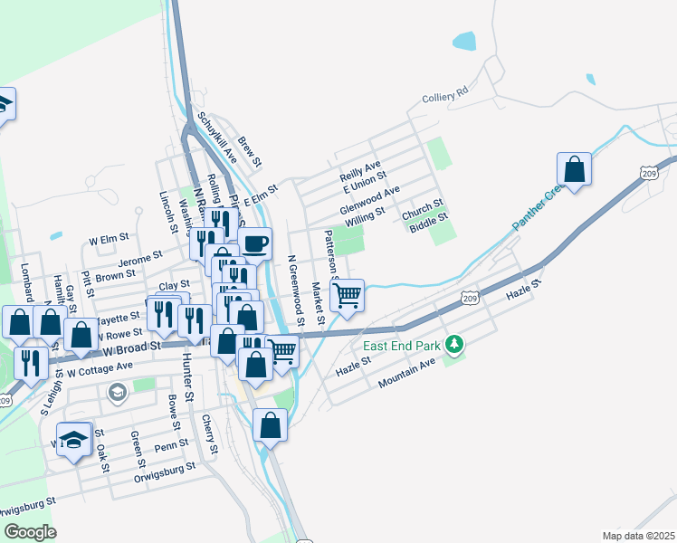map of restaurants, bars, coffee shops, grocery stores, and more near 119 Patterson Street in Tamaqua