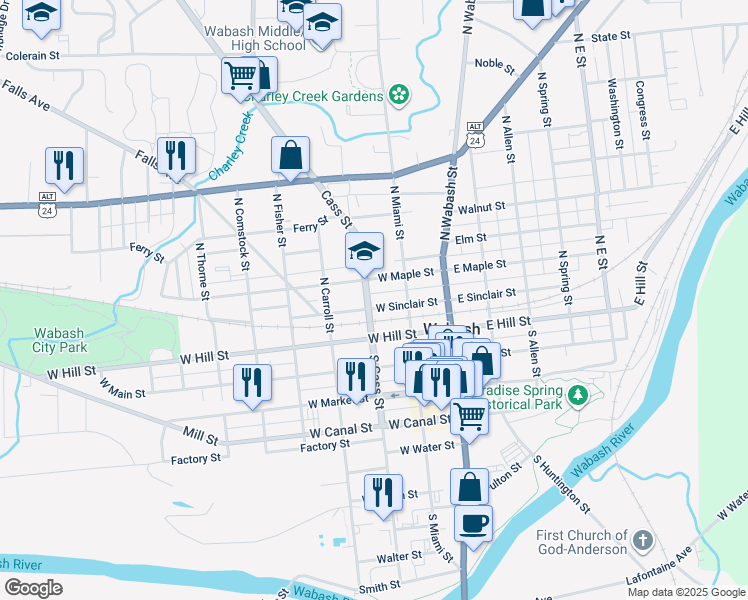 map of restaurants, bars, coffee shops, grocery stores, and more near 158 West Sinclair Street in Wabash