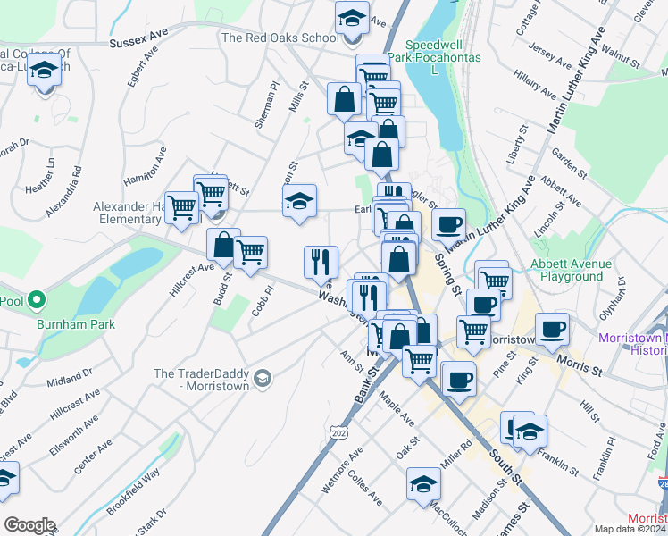 map of restaurants, bars, coffee shops, grocery stores, and more near 16 Atno Avenue in Morristown