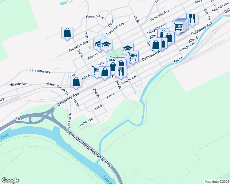 map of restaurants, bars, coffee shops, grocery stores, and more near 265 Avenue A in Palmerton