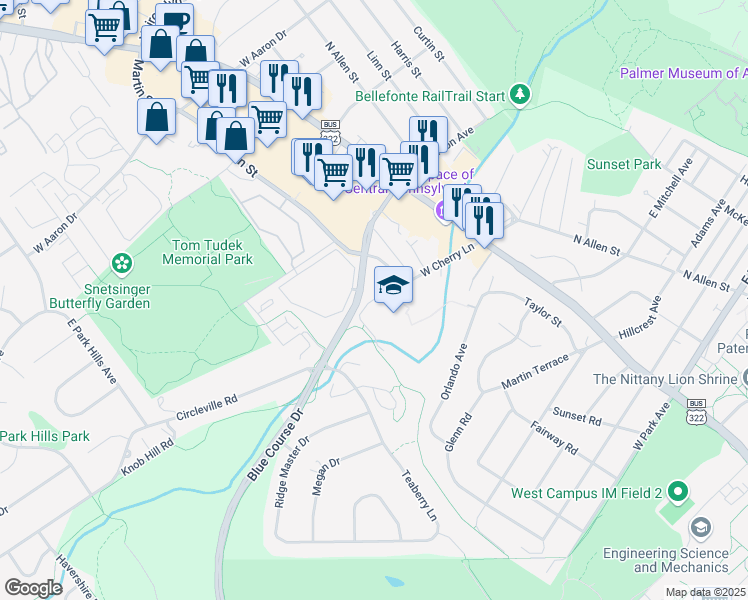 map of restaurants, bars, coffee shops, grocery stores, and more near 800 West Cherry Lane in State College