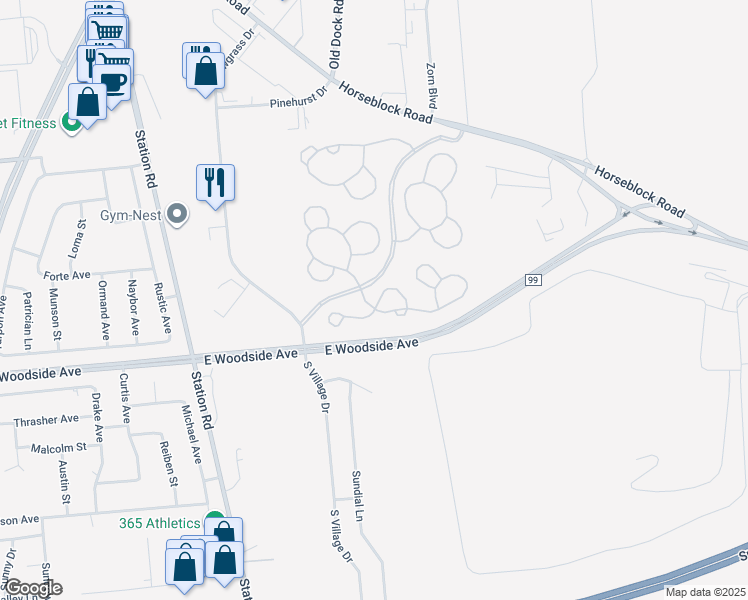 map of restaurants, bars, coffee shops, grocery stores, and more near 1208 Orchid Circle in North Bellport