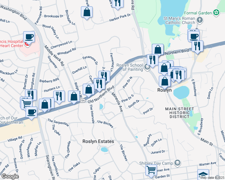 map of restaurants, bars, coffee shops, grocery stores, and more near 1006 Northern Boulevard in Roslyn