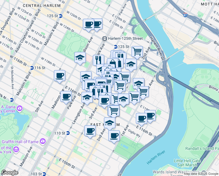 map of restaurants, bars, coffee shops, grocery stores, and more near 2193 3rd Avenue in New York
