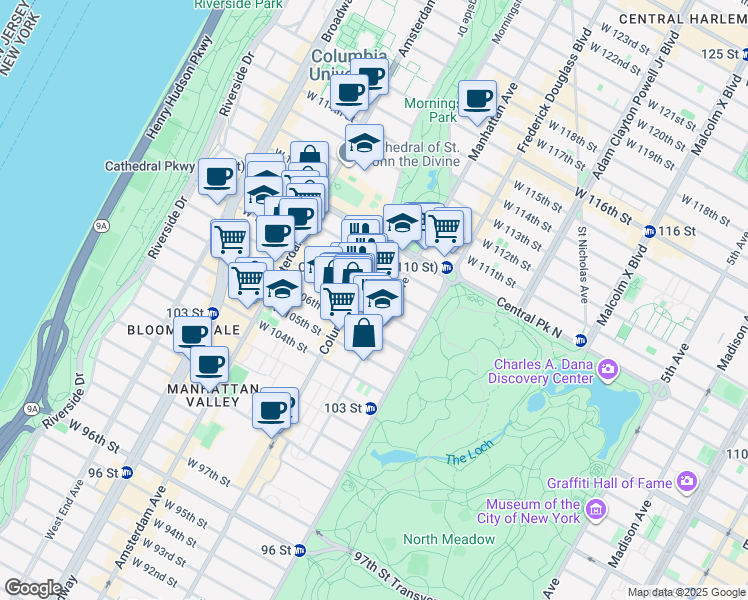map of restaurants, bars, coffee shops, grocery stores, and more near 965 Columbus Avenue in New York