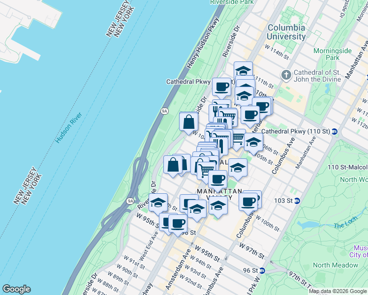 map of restaurants, bars, coffee shops, grocery stores, and more near 314 Riverside Drive in New York