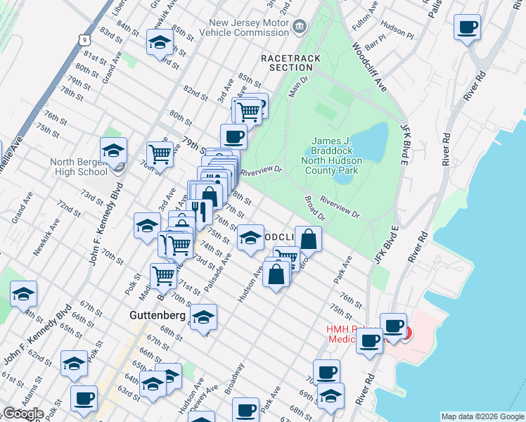 map of restaurants, bars, coffee shops, grocery stores, and more near 403 78th Street in North Bergen