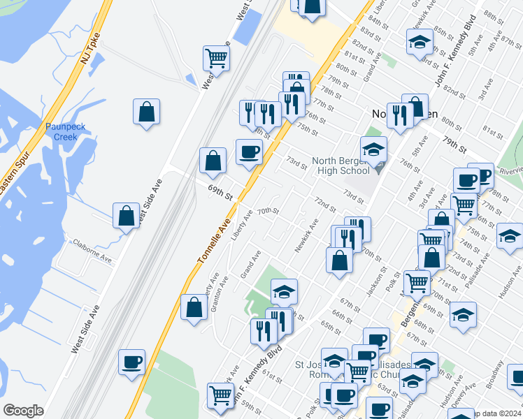 map of restaurants, bars, coffee shops, grocery stores, and more near 7015 Columbia Avenue in North Bergen