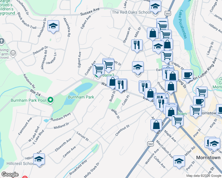 map of restaurants, bars, coffee shops, grocery stores, and more near 145 Washington Street in Morristown